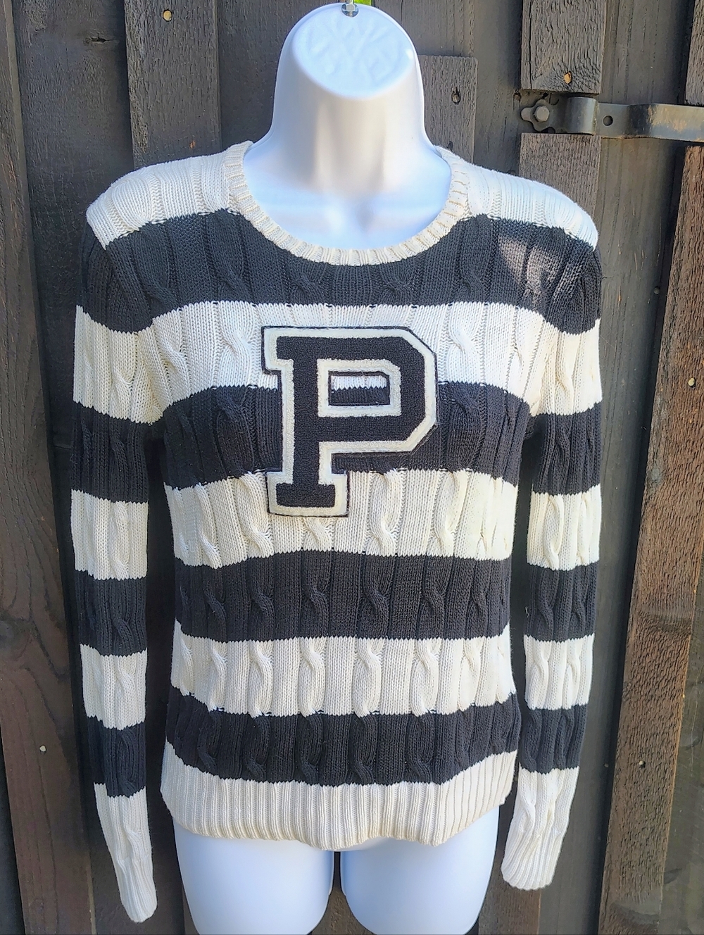 Polo Ralph Lauren Striped Cable-Knit Sweater with 'P' Patch - Black & Cream